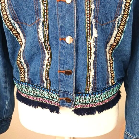 Denim land Paris Collection Women's boho fringe button-up Jean jacket sz large - Picture 3 of 14